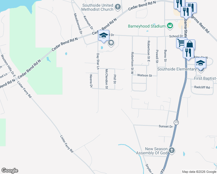 map of restaurants, bars, coffee shops, grocery stores, and more near 2320 Colvin Circle South in Gadsden