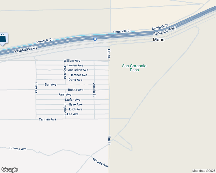 map of restaurants, bars, coffee shops, grocery stores, and more near Elm Street in Cabazon
