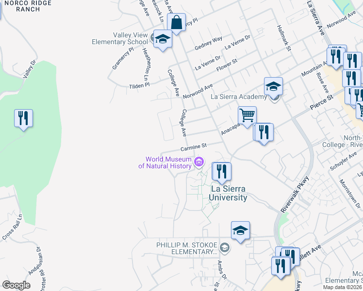map of restaurants, bars, coffee shops, grocery stores, and more near 11711 Carmine Street in Riverside