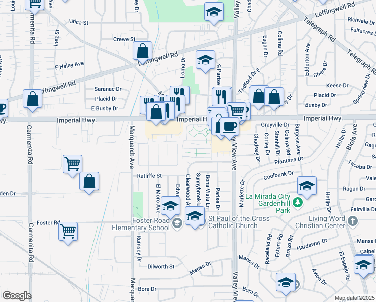 map of restaurants, bars, coffee shops, grocery stores, and more near 14036 Lake View Drive in La Mirada