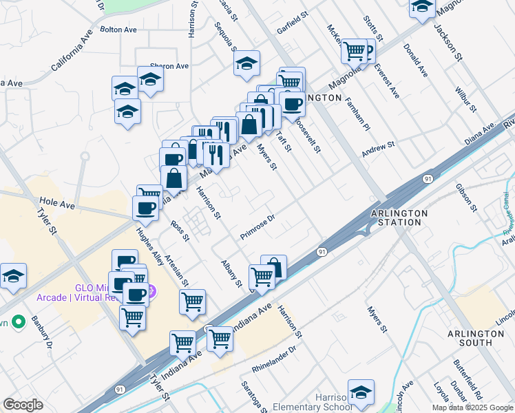 map of restaurants, bars, coffee shops, grocery stores, and more near 9809 Solonia Street in Riverside