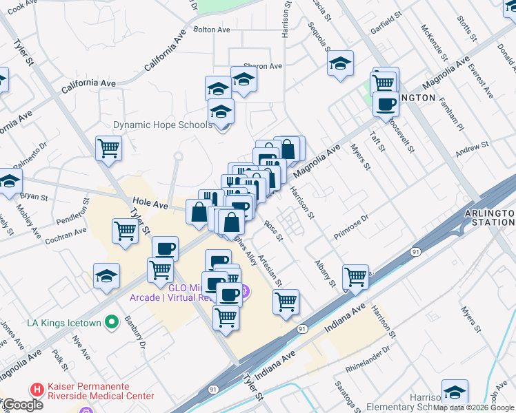 map of restaurants, bars, coffee shops, grocery stores, and more near 10000b Magnolia Avenue in Riverside