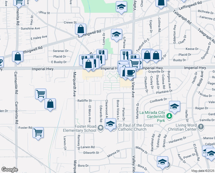 map of restaurants, bars, coffee shops, grocery stores, and more near 14044 Lake Glen Drive in La Mirada