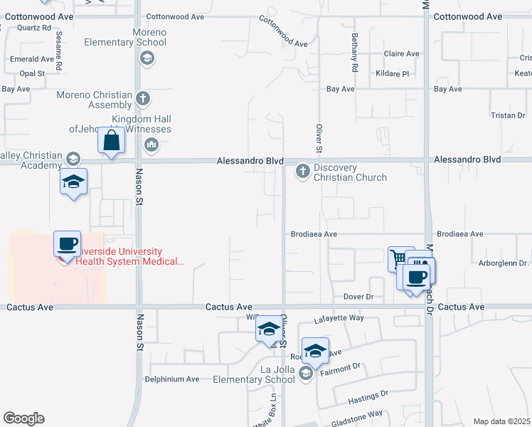 map of restaurants, bars, coffee shops, grocery stores, and more near in Moreno Valley