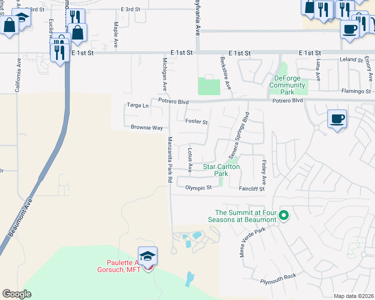 map of restaurants, bars, coffee shops, grocery stores, and more near 163 Lotus Avenue in Beaumont