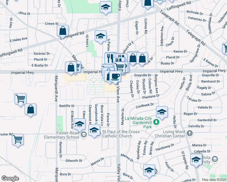 map of restaurants, bars, coffee shops, grocery stores, and more near 12801 Valley View Avenue in La Mirada