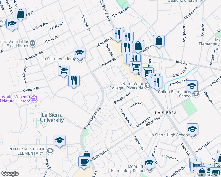 map of restaurants, bars, coffee shops, grocery stores, and more near 4689 Trailmore Court in Riverside