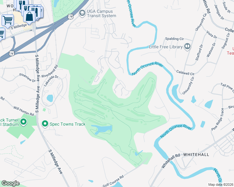 map of restaurants, bars, coffee shops, grocery stores, and more near 166 Fernbanks Court in Athens