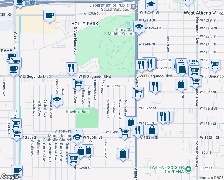 map of restaurants, bars, coffee shops, grocery stores, and more near 12919 Ruthelen Street in Gardena