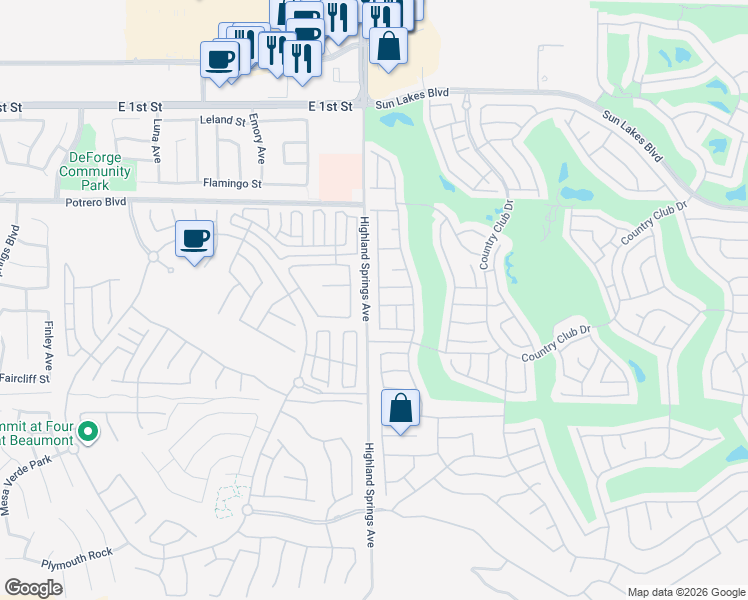 map of restaurants, bars, coffee shops, grocery stores, and more near 6376 Spyglass Avenue in Banning
