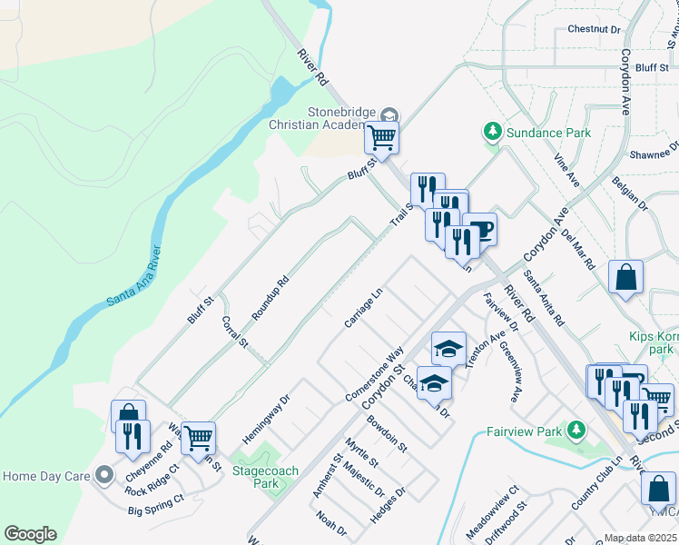 map of restaurants, bars, coffee shops, grocery stores, and more near 4740 Trail Street in Norco
