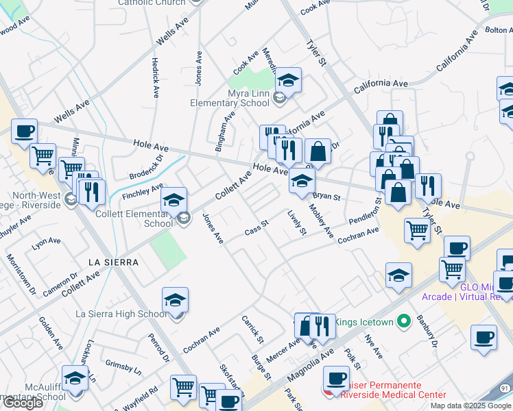 map of restaurants, bars, coffee shops, grocery stores, and more near 10661 Burton Street in Riverside