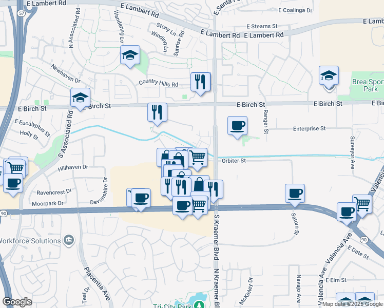 map of restaurants, bars, coffee shops, grocery stores, and more near 283 South Kraemer Boulevard in Brea