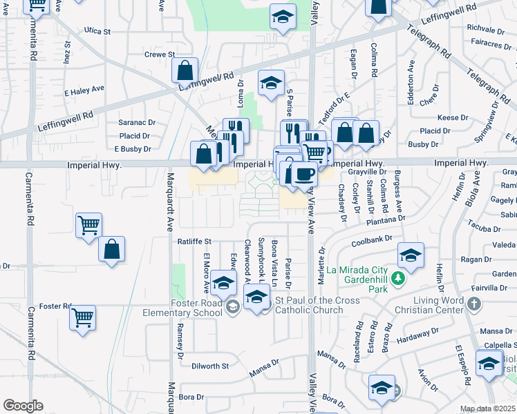 map of restaurants, bars, coffee shops, grocery stores, and more near 14045 Lake Crest Drive in La Mirada