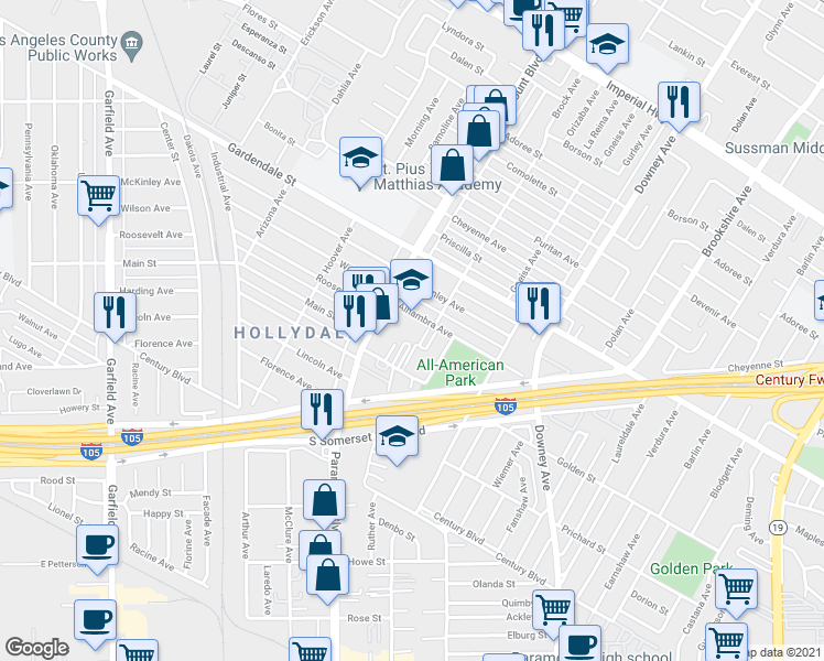 map of restaurants, bars, coffee shops, grocery stores, and more near 8052 Alhambra Avenue in Paramount