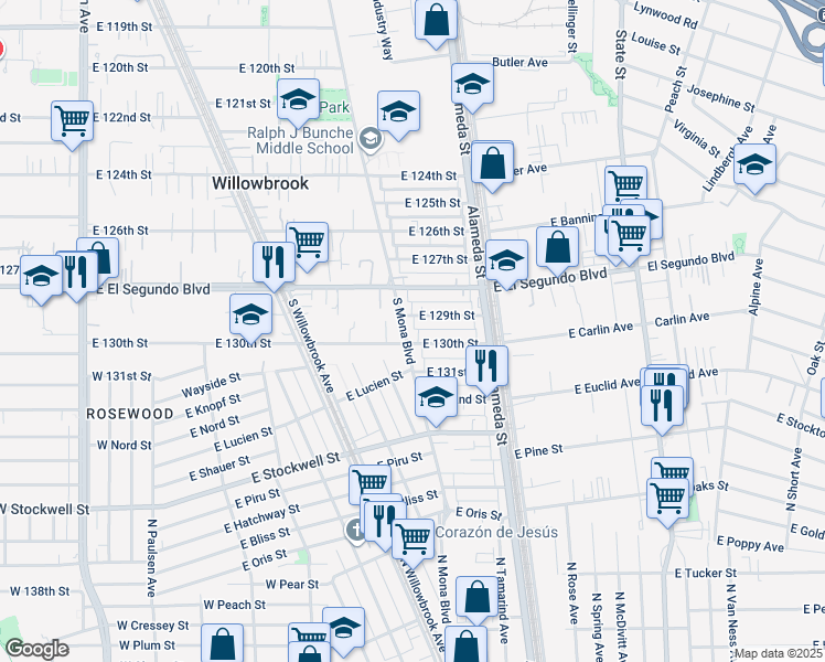 map of restaurants, bars, coffee shops, grocery stores, and more near 12909 South Mona Boulevard in Compton