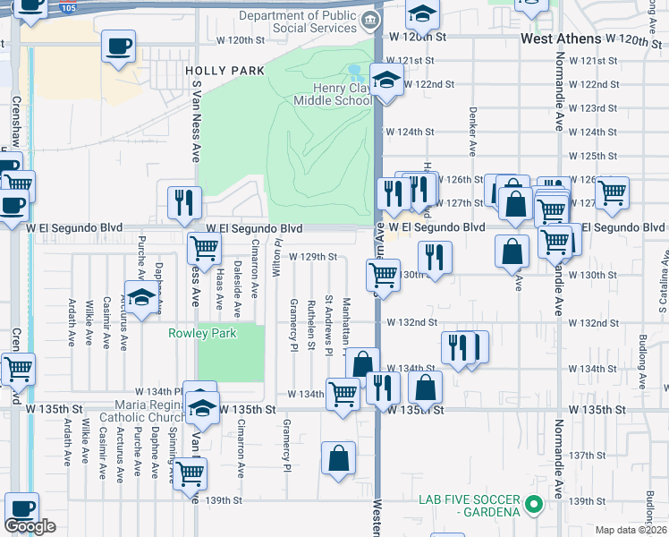 map of restaurants, bars, coffee shops, grocery stores, and more near 12915 Manhattan Place in Gardena