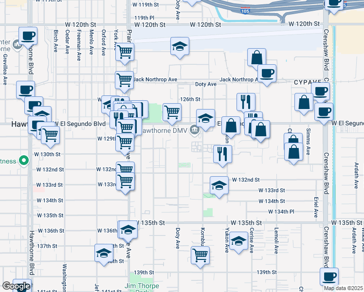 map of restaurants, bars, coffee shops, grocery stores, and more near 12915 Doty Avenue in Hawthorne