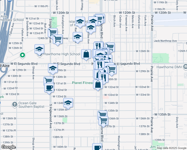 map of restaurants, bars, coffee shops, grocery stores, and more near 4471 West 130th Street in Hawthorne