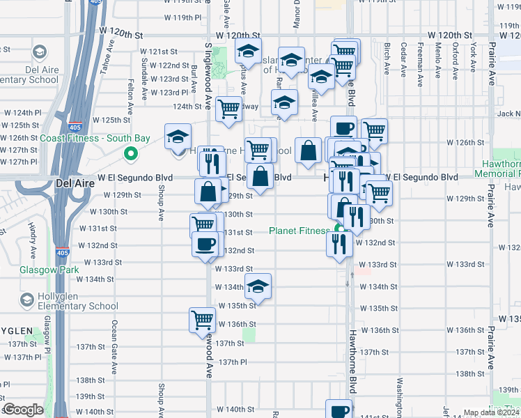 map of restaurants, bars, coffee shops, grocery stores, and more near 4610 West 129th Street in Hawthorne