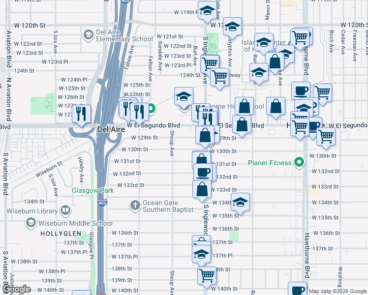 map of restaurants, bars, coffee shops, grocery stores, and more near 4861 West 130th Street in Hawthorne