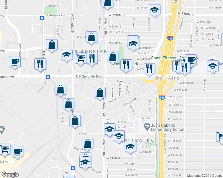 map of restaurants, bars, coffee shops, grocery stores, and more near 12922 Union Avenue in Hawthorne
