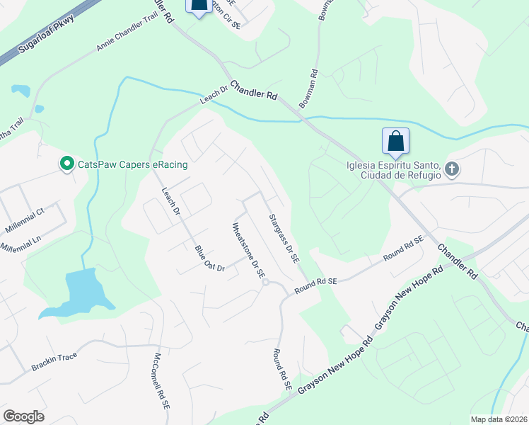map of restaurants, bars, coffee shops, grocery stores, and more near 1655 Stargrass Drive in Grayson