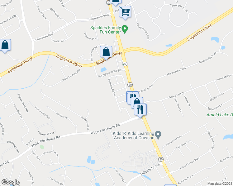 map of restaurants, bars, coffee shops, grocery stores, and more near 506 Cabot Trce in Lawrenceville