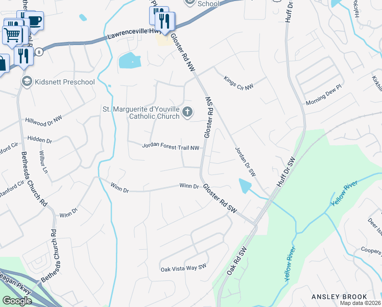 map of restaurants, bars, coffee shops, grocery stores, and more near 2792 Jordan Forest Trail Northwest in Lawrenceville