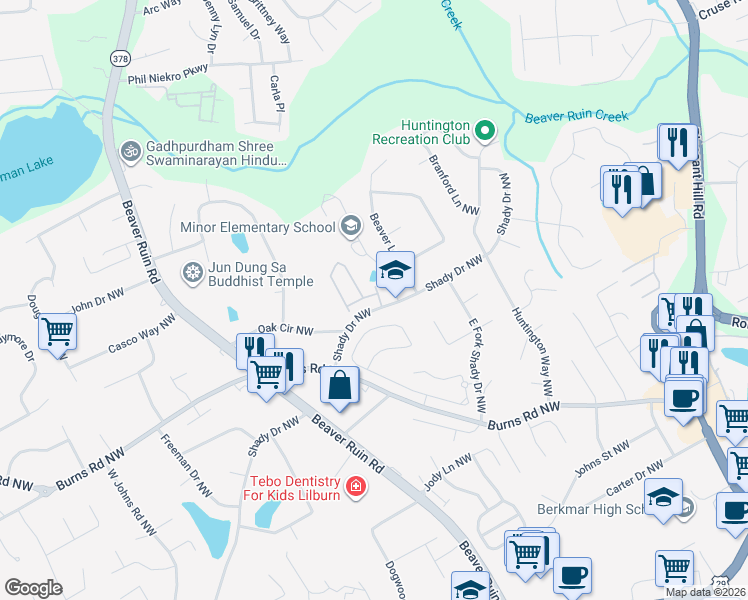map of restaurants, bars, coffee shops, grocery stores, and more near 4138 Cookcreek Place Northwest in Lilburn