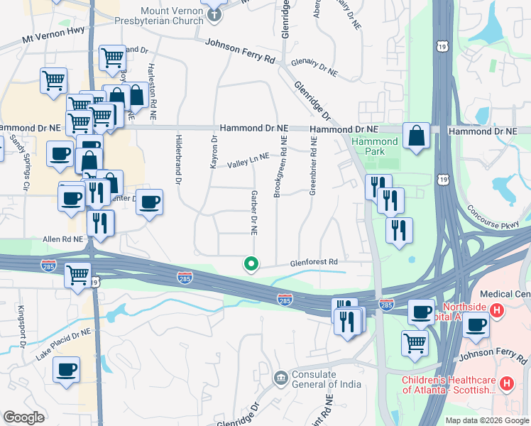 map of restaurants, bars, coffee shops, grocery stores, and more near 5855 Garber Drive Northeast in Atlanta