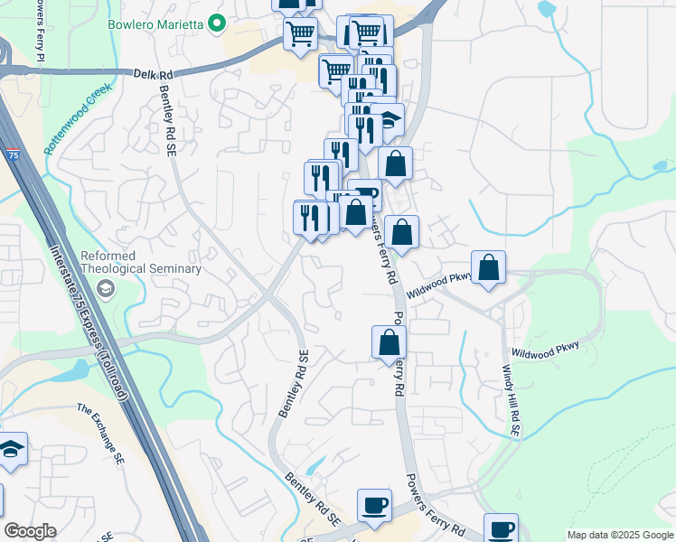 map of restaurants, bars, coffee shops, grocery stores, and more near 616 Wynnes Ridge Circle Southeast in Marietta
