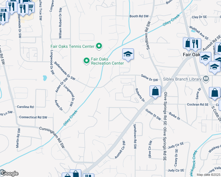 map of restaurants, bars, coffee shops, grocery stores, and more near 1225 Oakplace Drive Southwest in Marietta