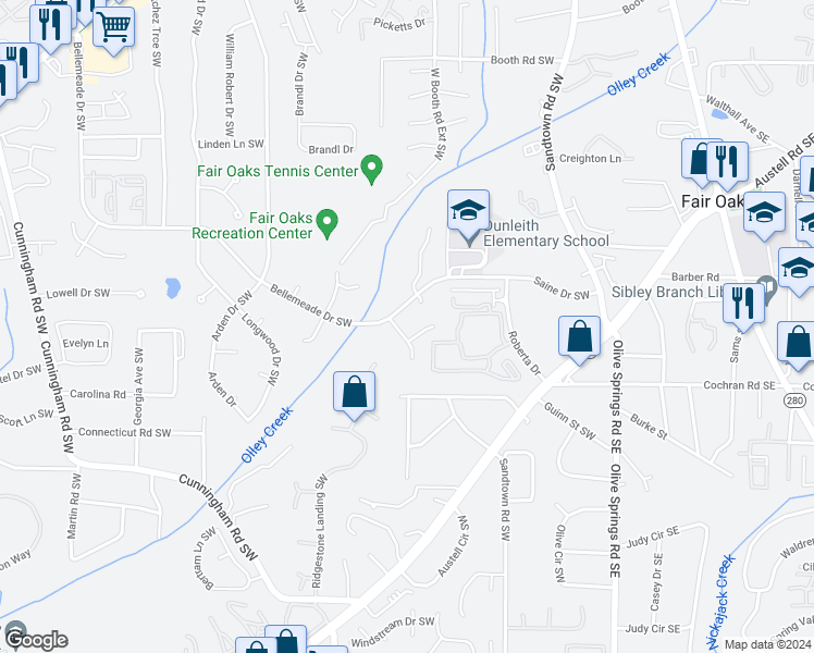 map of restaurants, bars, coffee shops, grocery stores, and more near 1225 Oakplace Drive Southwest in Marietta