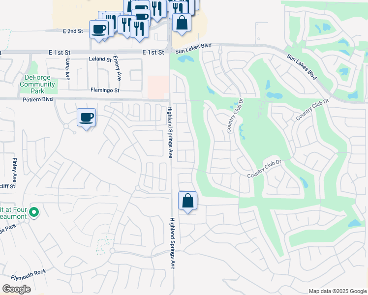 map of restaurants, bars, coffee shops, grocery stores, and more near 6323 Kapalua Bay Avenue in Banning