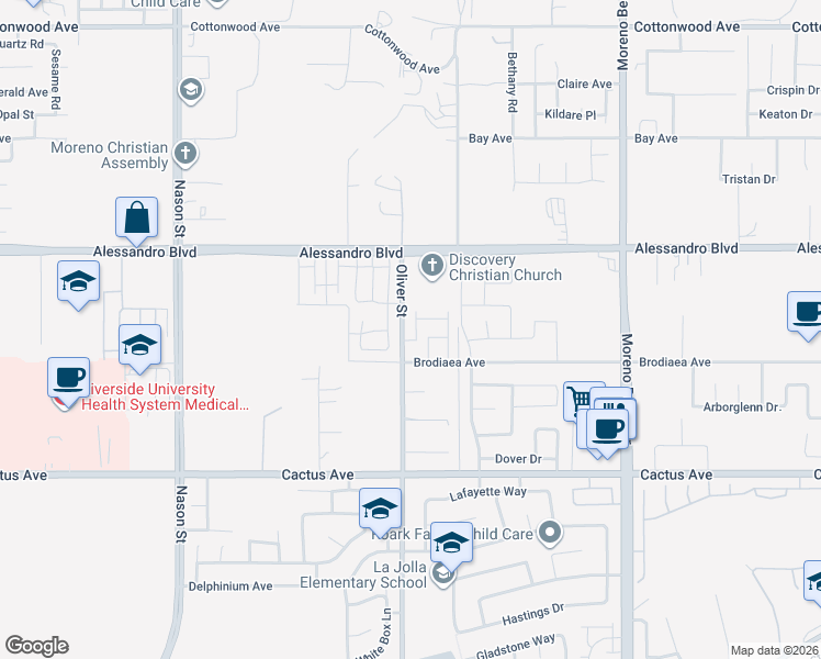 map of restaurants, bars, coffee shops, grocery stores, and more near 14139 Belica Street in Moreno Valley