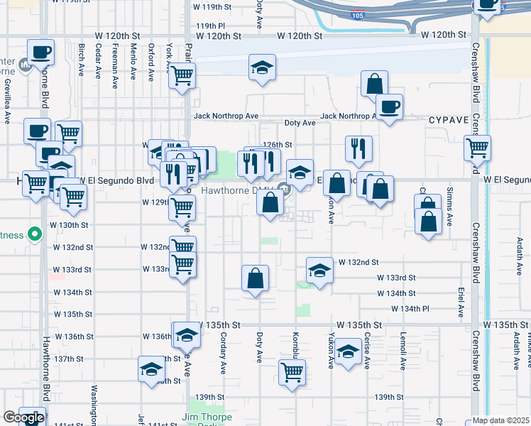 map of restaurants, bars, coffee shops, grocery stores, and more near 12926 Doty Avenue in Hawthorne