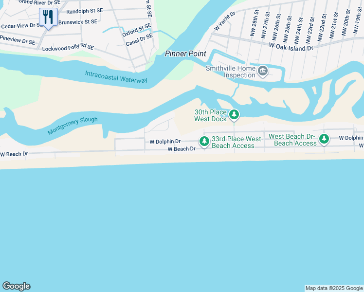 map of restaurants, bars, coffee shops, grocery stores, and more near 3324 West Beach Drive in Oak Island