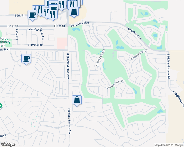 map of restaurants, bars, coffee shops, grocery stores, and more near 6067 Warwick Hills Way in Banning