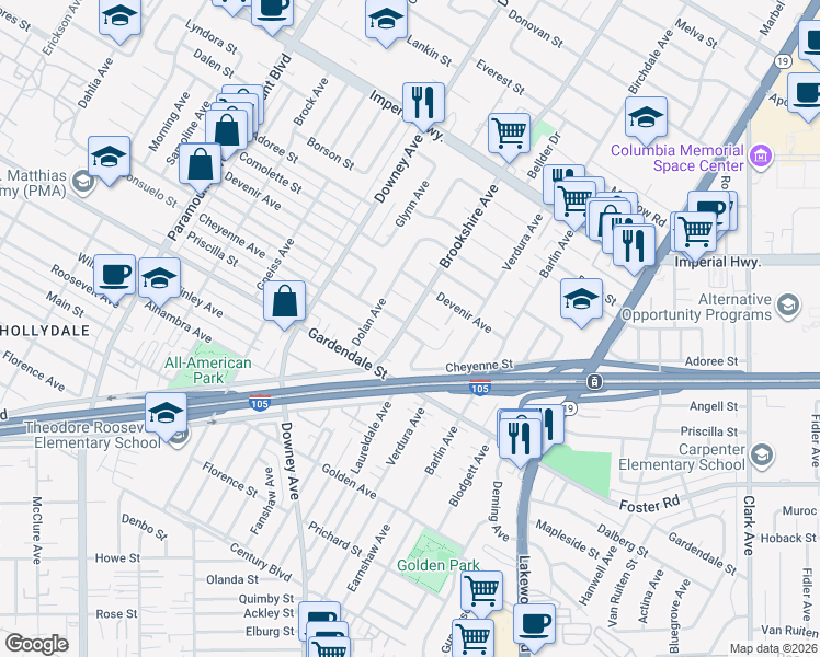 map of restaurants, bars, coffee shops, grocery stores, and more near 8503 Puritan Street in Downey
