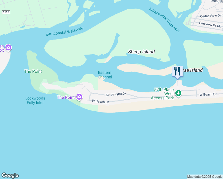 map of restaurants, bars, coffee shops, grocery stores, and more near 6606 Kings Lynn Drive in Oak Island