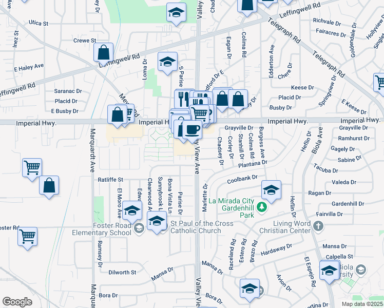map of restaurants, bars, coffee shops, grocery stores, and more near 14161 Olivia Court in La Mirada