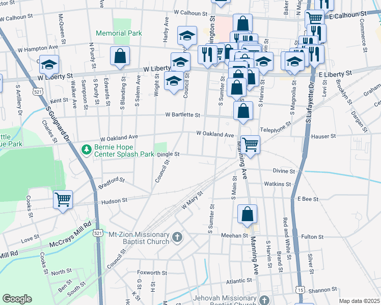 map of restaurants, bars, coffee shops, grocery stores, and more near 209 Dingle St in Sumter