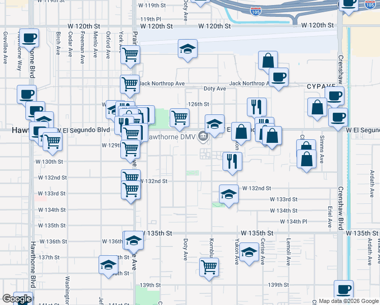 map of restaurants, bars, coffee shops, grocery stores, and more near 12915 Doty Avenue in Hawthorne