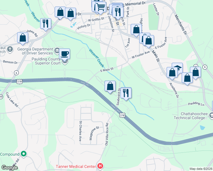 map of restaurants, bars, coffee shops, grocery stores, and more near 266 South Main Street in Dallas