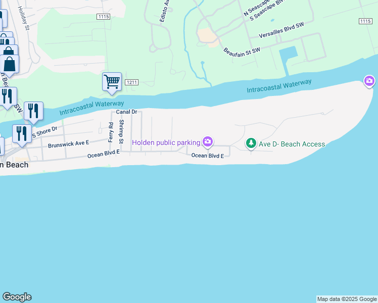 map of restaurants, bars, coffee shops, grocery stores, and more near 253 Ocean Boulevard East in Holden Beach