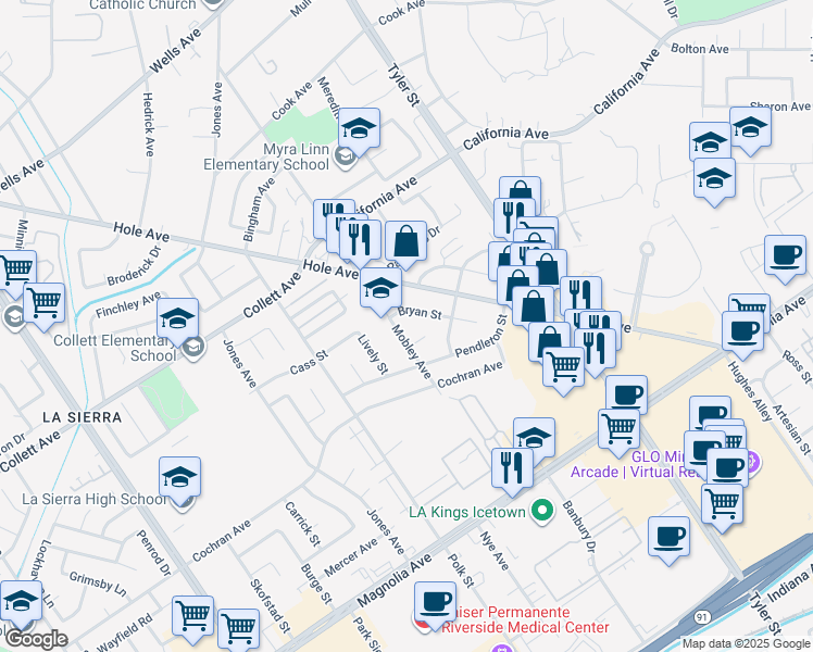 map of restaurants, bars, coffee shops, grocery stores, and more near 10436 Bryan Street in Riverside