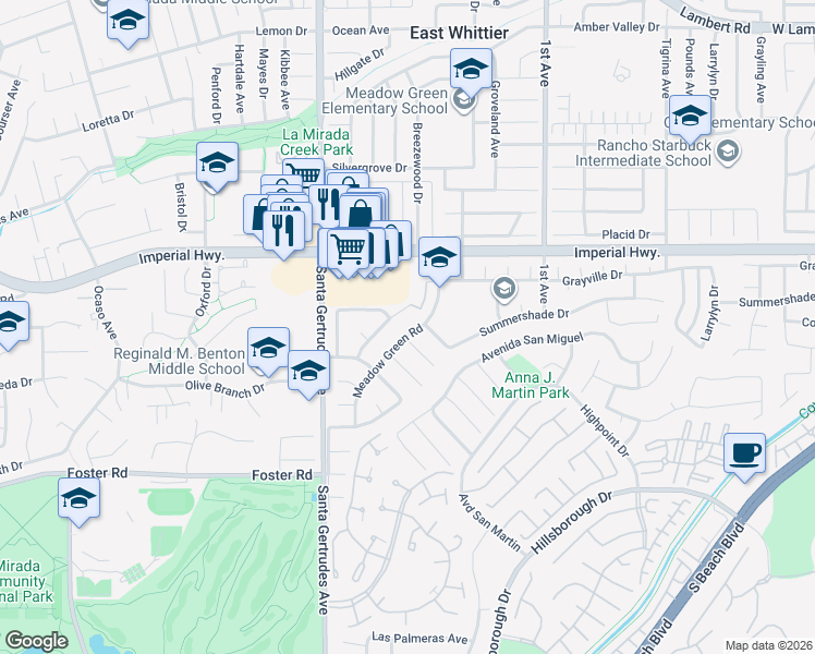 map of restaurants, bars, coffee shops, grocery stores, and more near 12817 Meadow Green Road in La Mirada