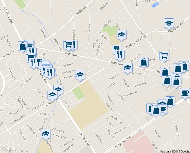 map of restaurants, bars, coffee shops, grocery stores, and more near 10736 Collett Avenue in Riverside