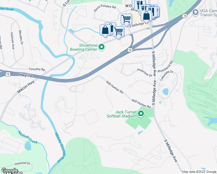 map of restaurants, bars, coffee shops, grocery stores, and more near 100 Hunter's Run Road in Athens